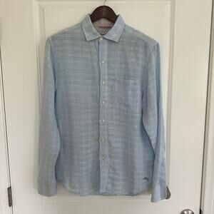Tommy Bahama Shirt Blue & White 100% Linen Long Sleeve Button Size Medium